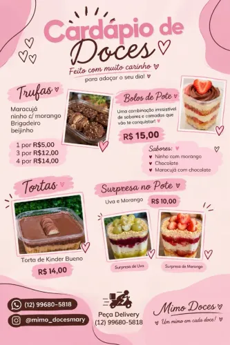 Doces diversos, bolos de potes, tortas, trufas e muito mais