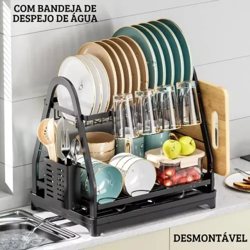 Escorredor De Louça 2 Andares Inox Preto C/ Drenagem 360° Porta Copos Talheres Cozinha Pre