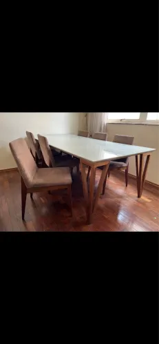 Mesa de Jantar Alto Padrão + 6 Cadeiras Elise | Madeira Maciça e Vidro Branco