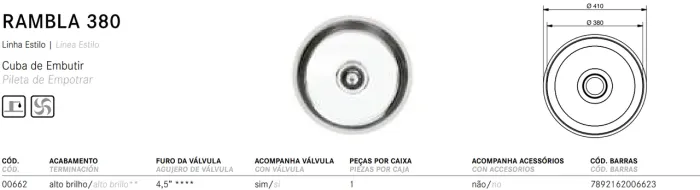 CUBA RAMBLA 380 4,5" AÇO 304 ALTO BRILH9 C/ VÁLVULA CA - MARCA: FRANKE (INCLUSO VÁLVULA)