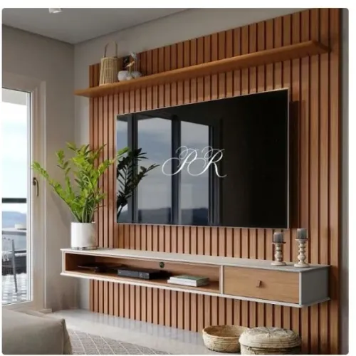 Painel de TV com Ripado e Rack Suspenso - Design Moderno