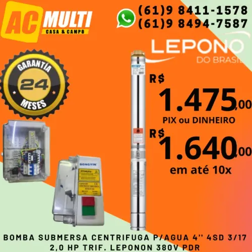 Bomba para poço artesiano Caneta Palito 4'' 4SD 3/17 2,0 HP TRIF. LEPONON 380V PDR