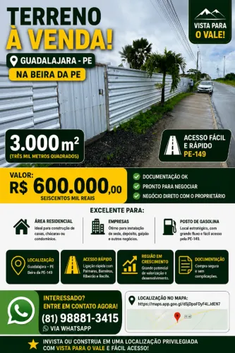 Terreno Comercial/Residencial 3.000 m² na Beira da PE-149 | Guadalajara/Paudalho-PE