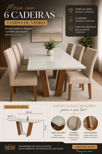 Mesa com 6 cadeiras e tampo de vidro