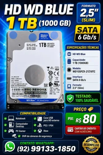HD WD Blue 1 TB (1000 GB), formato 2,5" (Slim), interface SATA 6 Gb/s.
