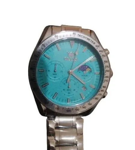 Relógio OLEVS caixa e pulseira metálico fundo azul