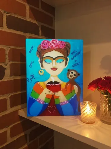 Oferta ! Pintura em acrílica sobre tela/ Frida tomando café