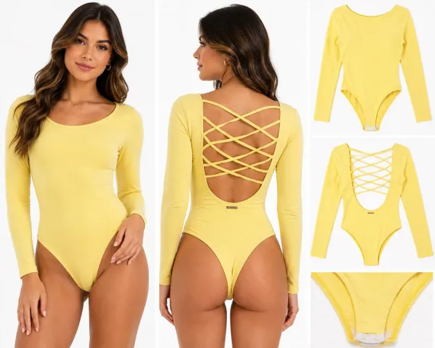 maiô body manga longa de cor amarela com detalhe de amarração nas costas. (Joelink)