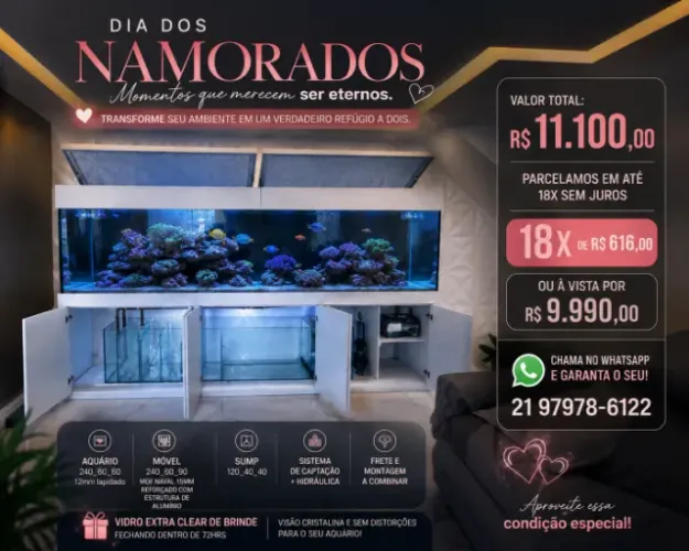 Aquário 240x60x60 em vidro 12mm lapidado extra clear
