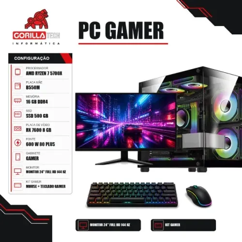 PC Gamer Completo Ryzen 7 5700X RX 7600 8 GB 16GB SSD + Monitor - Gorilla Tech
