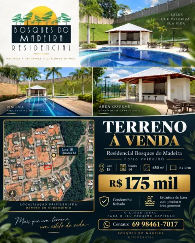 TERRENO À VENDA BOSQUES DO MADEIRA 450 m² | 15 x 30 m R$ 175 MIL