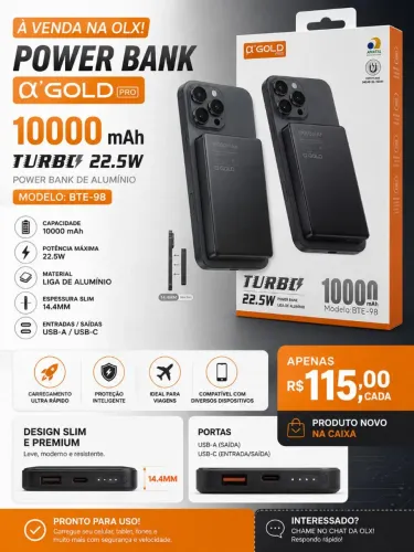 Power Bank a'Gold Pro 10.000 Com Indução 22.5W Turbo