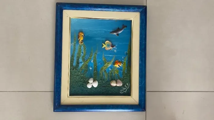 QUADRO PINTADO A MÃO - PEIXES E CONCHAS - O FUNDO DO MAR
