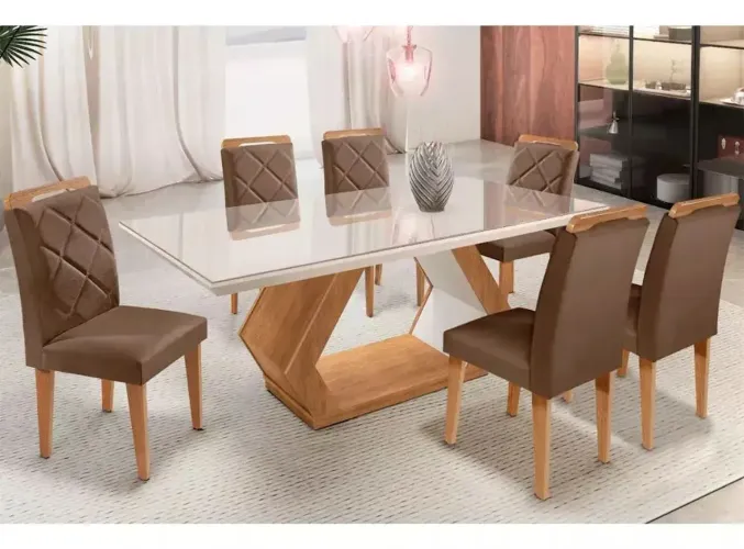 Mesa Alvorada 180 Tp Mdf Vidro Canto Reto 6 Cadeiras Rufato E Imbuia E Off Serig Off