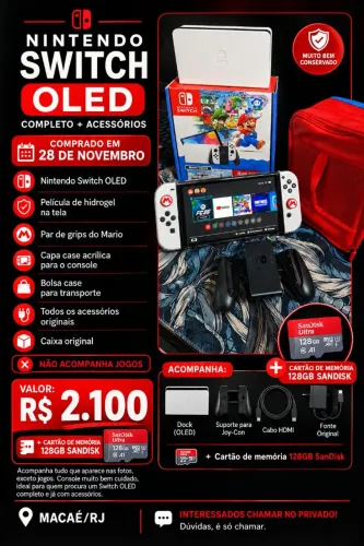 Nintendo Switch OLED Branco Completo + Acessórios + Cartão de Memória 128GB SanDisk