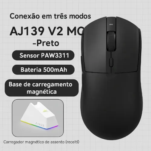 Mouse Gamer Sem Fio Ajazz AJ139V2 Dock Carregamento - 12k DPI - 66G - PAW3311 - Cor Preto