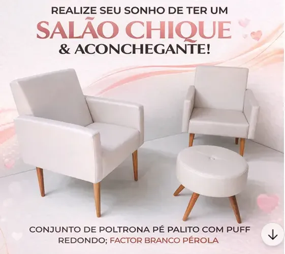 Conjunto de poltrona pé palito com puff redondo - Factor branco pérola.