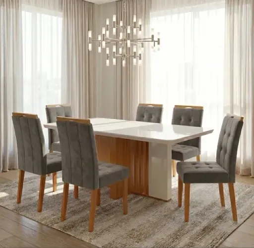 Conjunto de Jantar Imponente 6 Lugares Amadeirado com Detalhes Off White e Veludo Grafite
