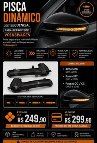 Pisca Dinâmico para Retrovisor Volkswagen - LED Sequencial
