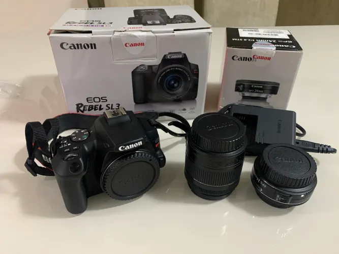 Canon SL3 + Lente 18-55mm + Lente 24mm Pancake + Cartão - Pouquíssimo Uso (Na Caixa)
