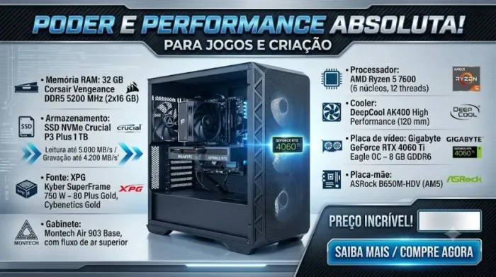 PC Gamer - Ryzen 5 7600 + RTX 4060 Ti OC | 32 GB DDR5 | SSD NVMe 1 TB