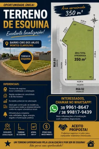 Oportunidade terreno em esquina com a AV Nossa Senhora de Fátima