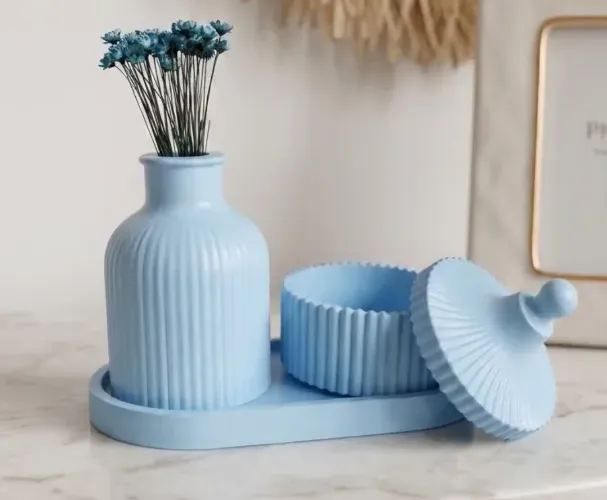Kit 3 unidades bandeja+porta-joias+vaso em gesso cerâmico azul claro