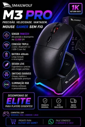 MOUSE GAMER SMAILWOLF M3 PRO PRECISÃO, VELOCIDADE E LIBERDADE!
