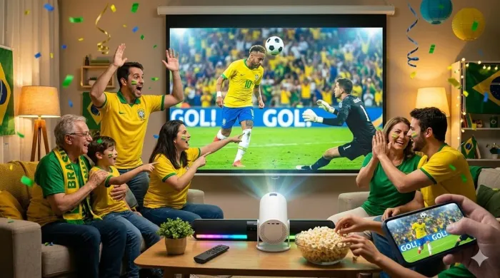 Kit Copa do Mundo: projetor + telão retrátil + soundbar + suporte