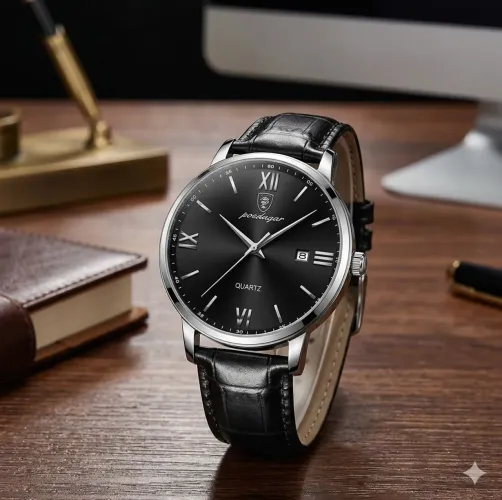 Relógio de Pulso Luxo Premium Poedagar Silver Black Pulseira Em Couro Algarismo Romanos