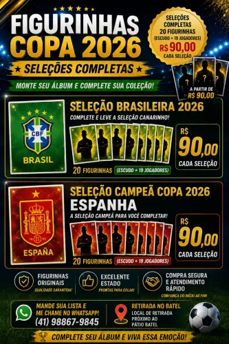 Figurinhas Copa 2026 - Seleções Completas Brasil e Espanha - 20 Figurinhas