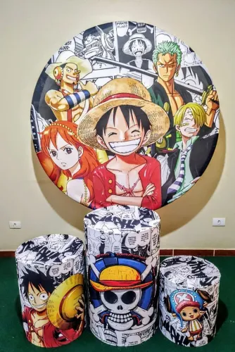 Painel,capas de cilindros e bonecos para decoração de festa One Piece