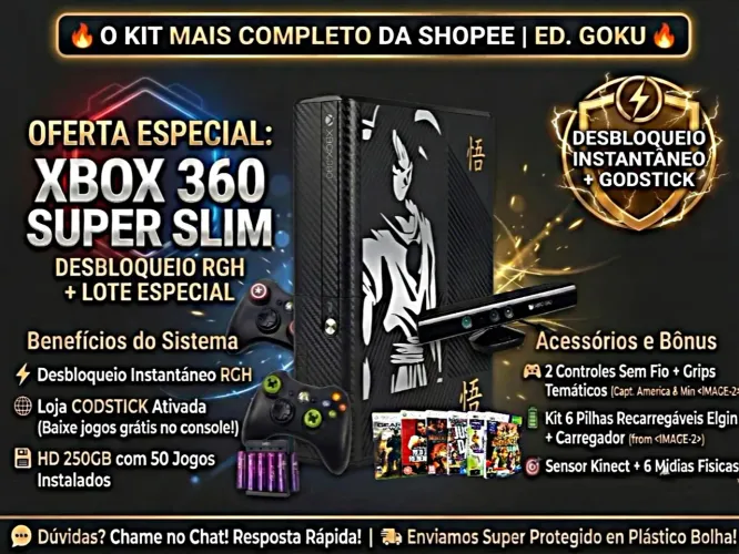 Xbox 360 Super Slim desbloqueado RGH 1.3, 250gb, Kinect , 2 controles originais, 6 jogos