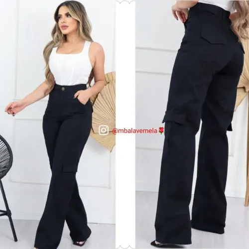 Calça Wide Leg Cargo Sarja 