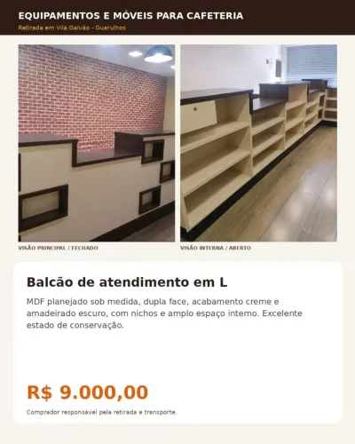 Balcão de atendimento planejado em L para cafeteria ou lanchonete