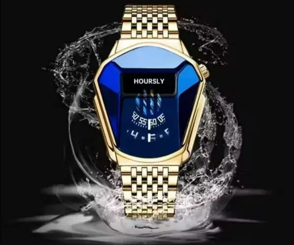 Relógio de Luxo Cromado Moderno Hoursly Binbond Dourado Quartzo Aço Inoxidável