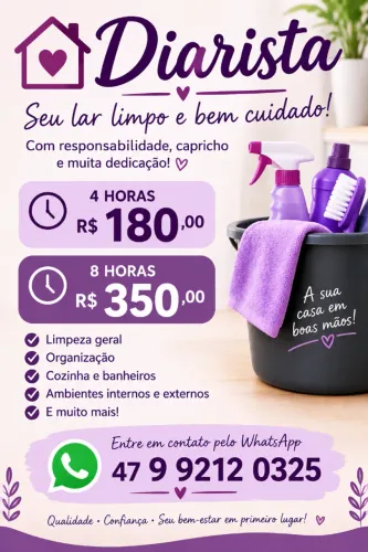 ? DIARISTA EM BLUMENAU - LIMPEZA COM CAPRICHO E RESPONSABILIDADE! ? Está procurando u
