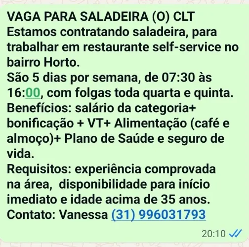 VAGA PARA SALADEIRA- CLT