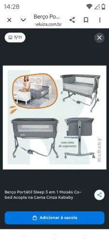 Berço Portátil Sleep 3 em 1 Moisés Co-bed Acopla na Cama Cinza Kababy