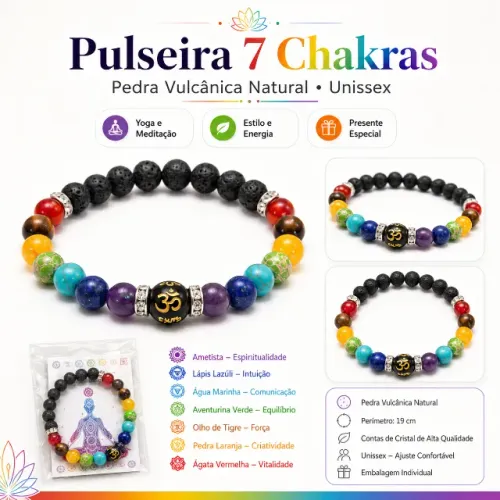 (novo) Pulseira 7 Chakras com Pedra Vulcânica Natural | Unissex