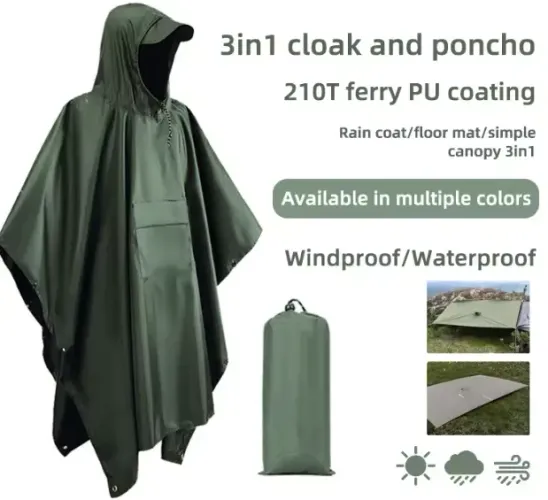 Poncho de chuva com capuz, preto, PVC, Impermeável, multifuncional, portátil 