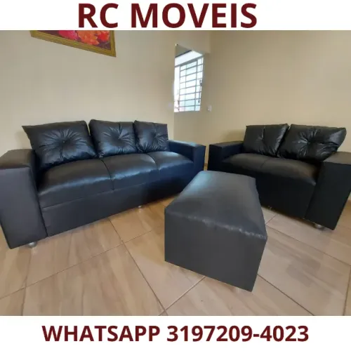 Sofá de Couro Sintético 3 e 2 Lugares + Puff - Conforto e Durabilidade