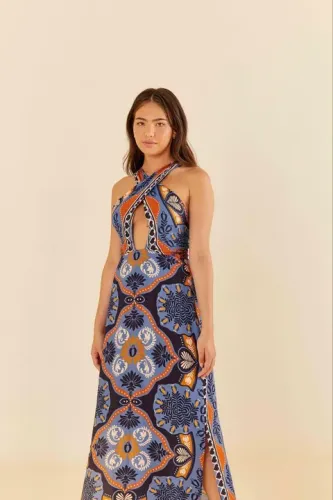 Vestido Longo Estampado Floral Farm - Azul e Laranja