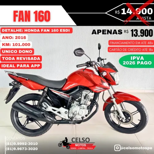  FAN 160 2016 c/101.000km IPVA26 PAGO FINANCIAMOS 48x aceito sua moto