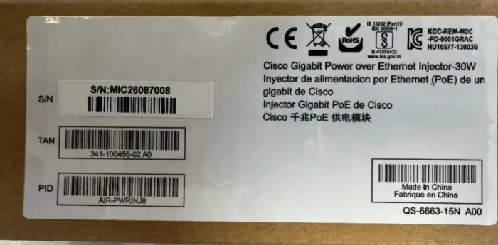 Injetor PoE Cisco Aironet AIR-PWRINJ6 