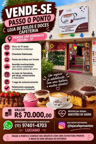 Passo o ponto loja de Bolos na rua principal Parque São Domingos.