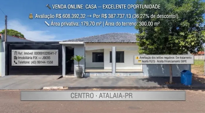 ? ? VENDA ONLINE: Casa ampla 179m² + Terreno 300m² ? Centro, Atalaia-PR ? 36,27% de descon