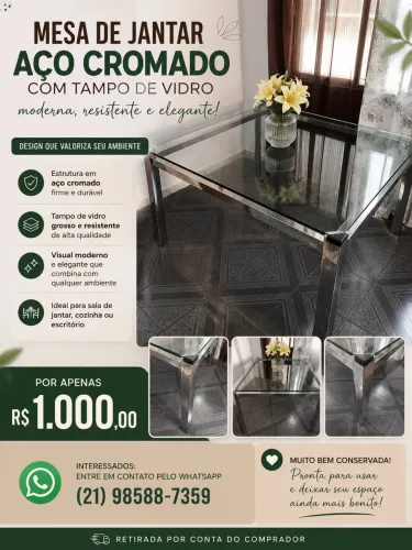 Mesa de Jantar em Aço Cromado com Tampo de Vidro Grosso