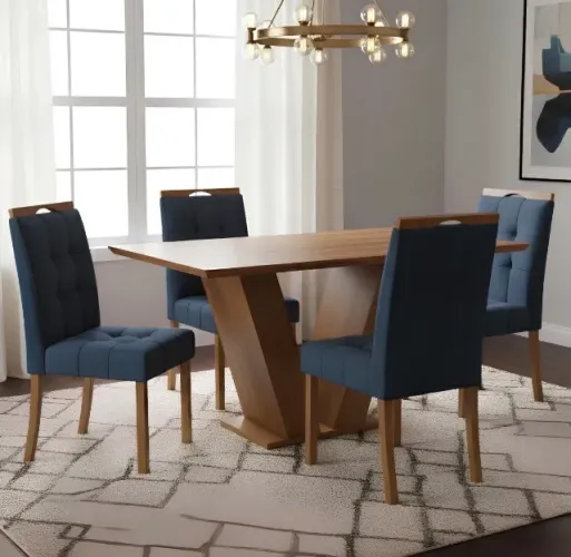 Conjunto de Jantar Retangular Atual 4 Lugares Cinamomo com Veludo Azul