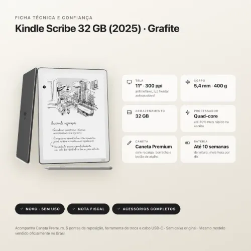 KINDLE SCRIBE 32GB 2026 LUZ FRONTAL CANETA PREMIUM NOVO SEM USO COM NOTA FISCAL